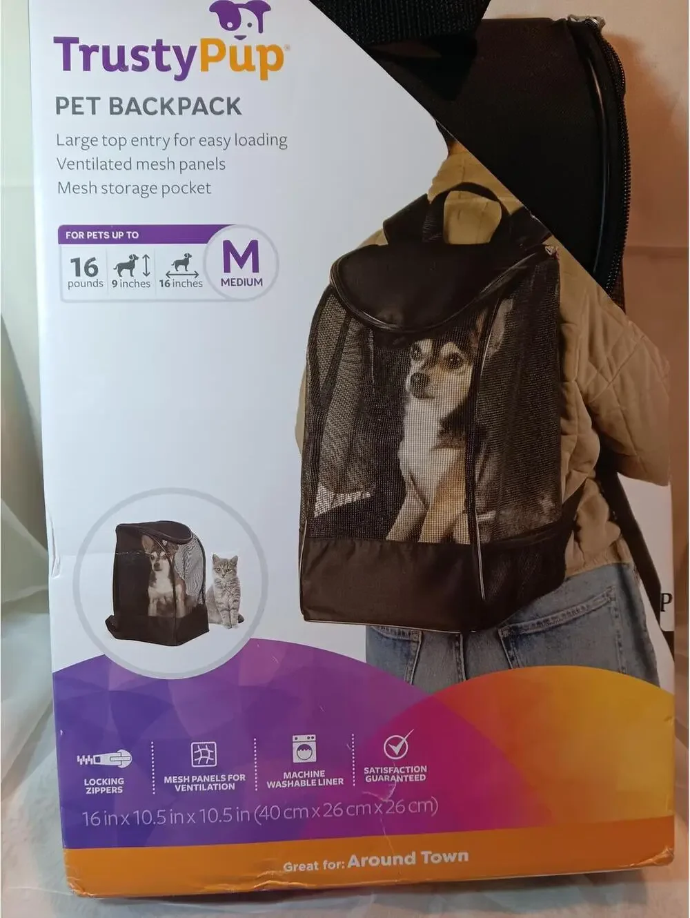 TrustyPup Medium Pet Backpack Carrier Black Brown Ventilated Mesh Panels